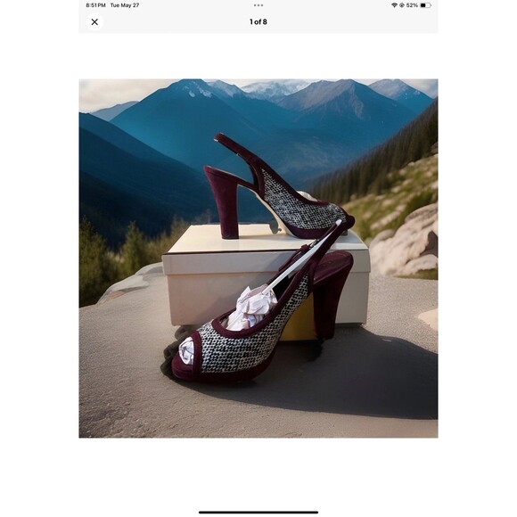 Coach Womans 7.5 Lorilee Burgandy/Black/White Tweed Sling Back Pump A3145 NEW - Picture 1 of 8
